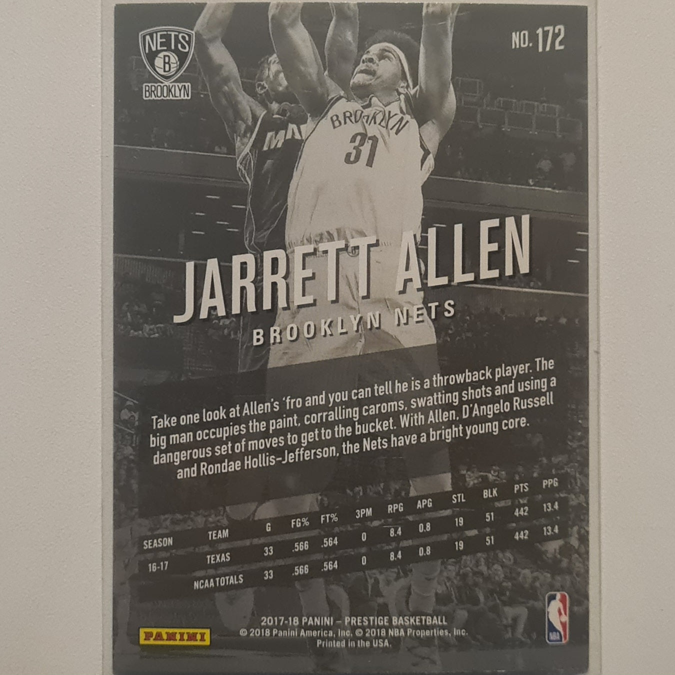 Jarrett Allen 2017-18 Panini Prestige Rookie RC #172 NBA Basketball Brooklyn Nets Excellent
