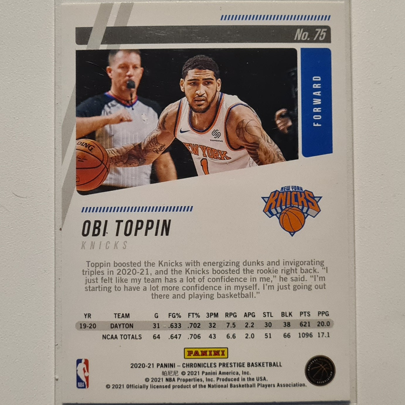 Obi Toppin 2020-21 Panini Prestige Rookie RC #75 NBA Basketball New York Knicks Excellent