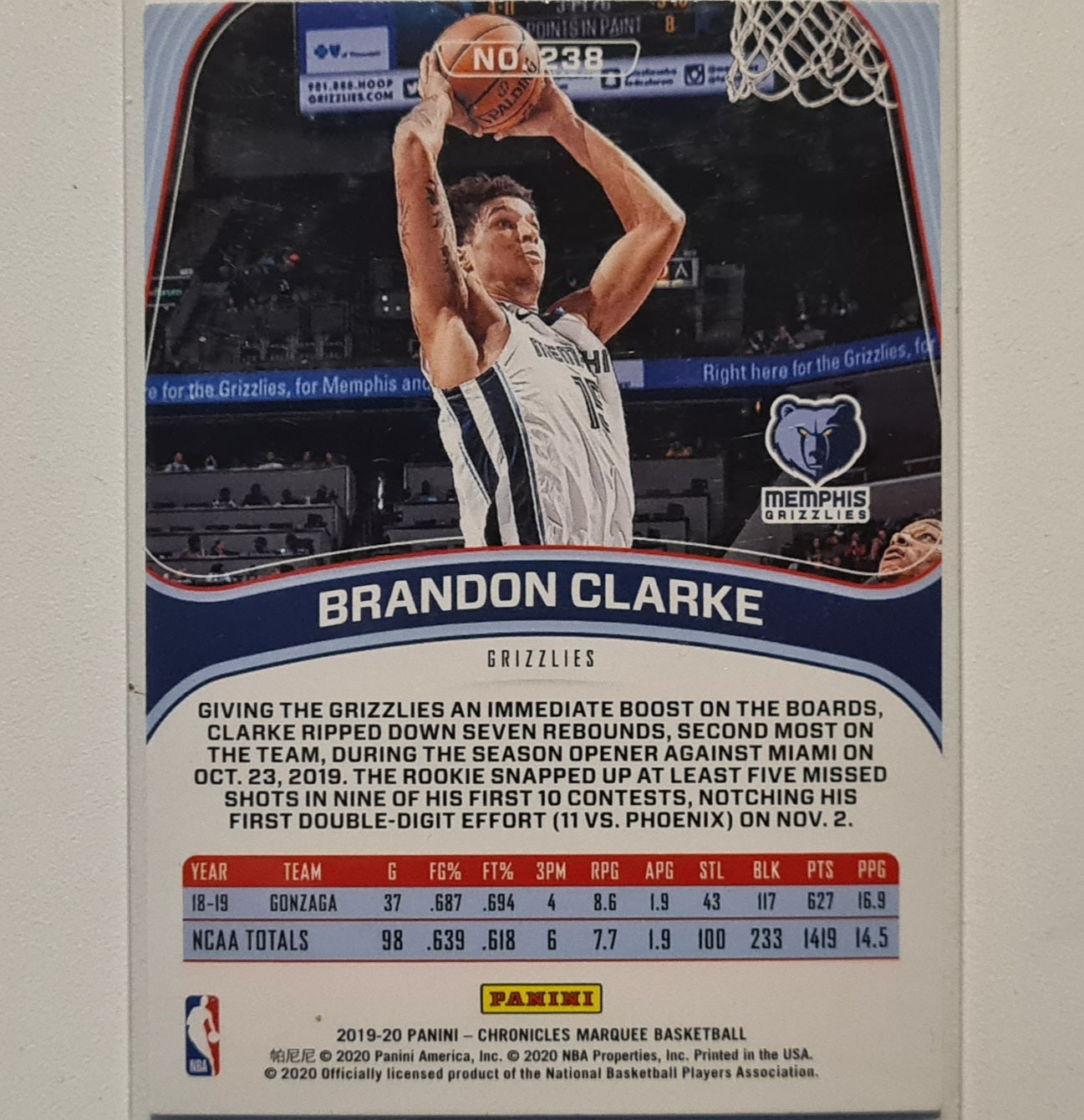 Brandon Clarke 2019-20 Panini chronicles marquee Rookie RC #238 NBA Basketball Brooklyn Nets Excellent-mt