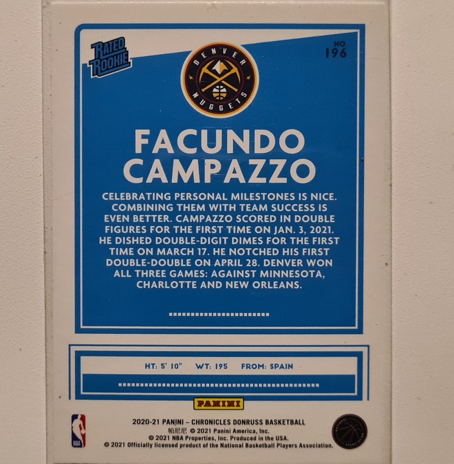 Facundo Campazzo 2020-21 Panini Playbook #196 NBA Basketball Denver Nuggets Excellent sleeved