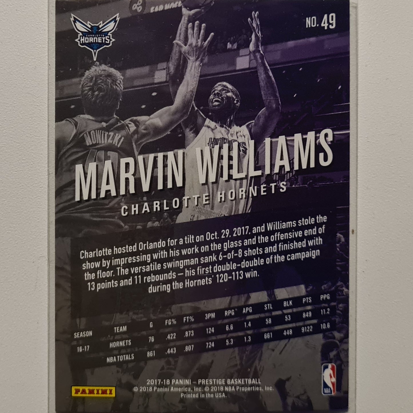 Marvin Williams 2017-18 Panini Prestige#49 NBA Basketball Charlotte Hornets Excellent