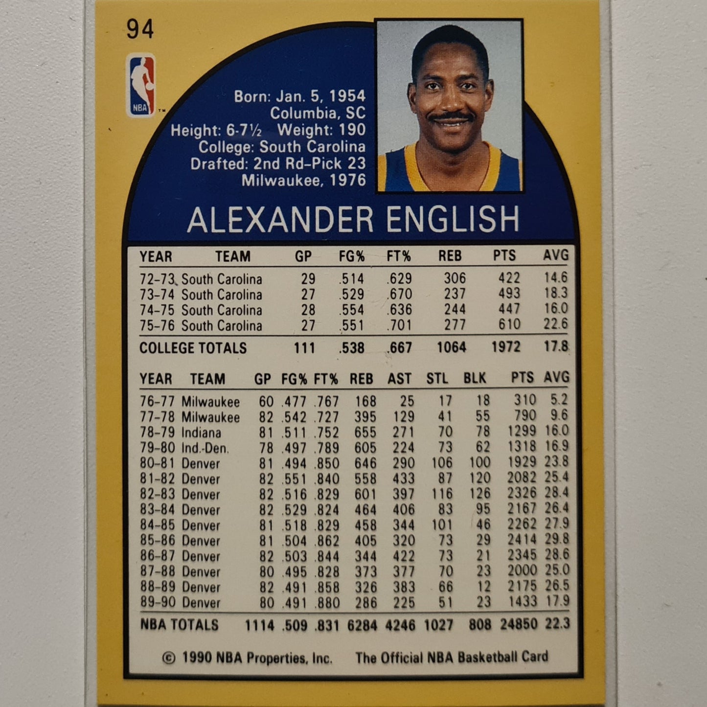 Alex English 1990 NBA Hoops #94 NBA Basketball Denver Nuggets Excellent sleeved