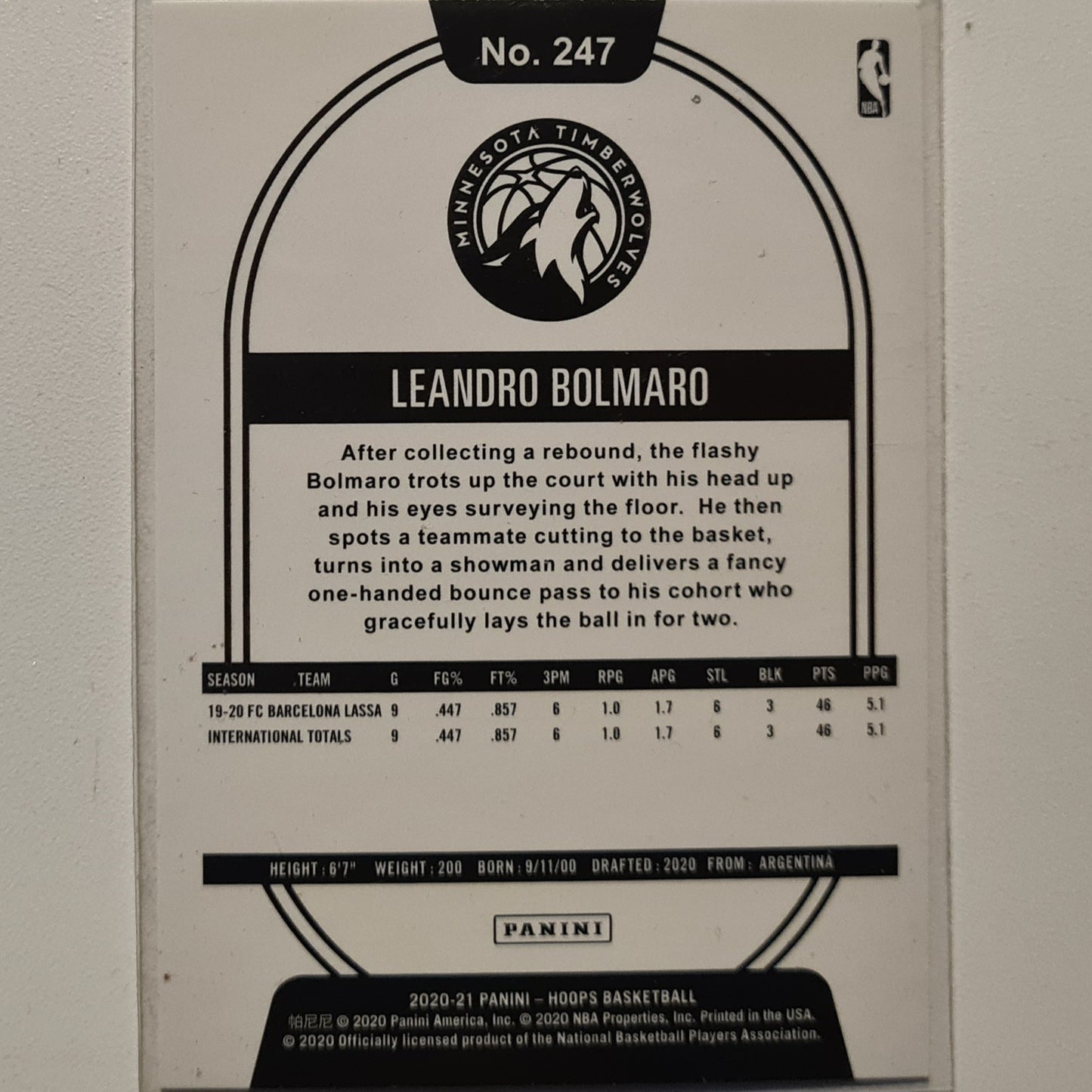 Leandro Bolmoro 2020-21 Panini NBA Hoops Rookie RC #247 NBA Basketball Minnesota Timberwolves Excellent sleeved