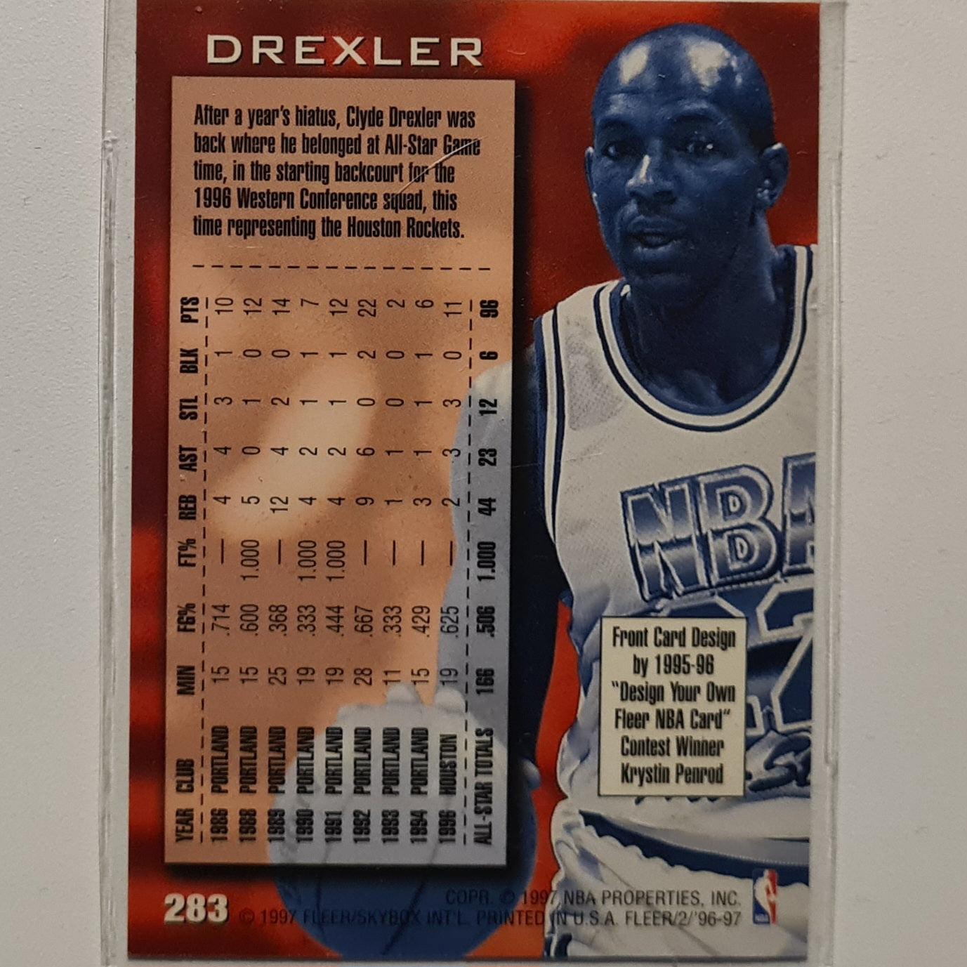 Clyde Drexler 1997 Fleer 96-97 #22 NBA All-Star Rockets 9 retro Excellent sleeved