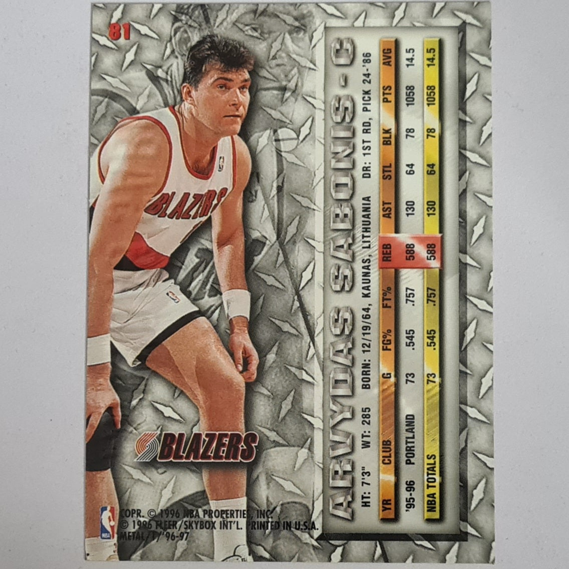 Arvydas Sabonis 1996 Fleer Metal 96-97 #81 NBA Basketball Toronto Blazers Excellent