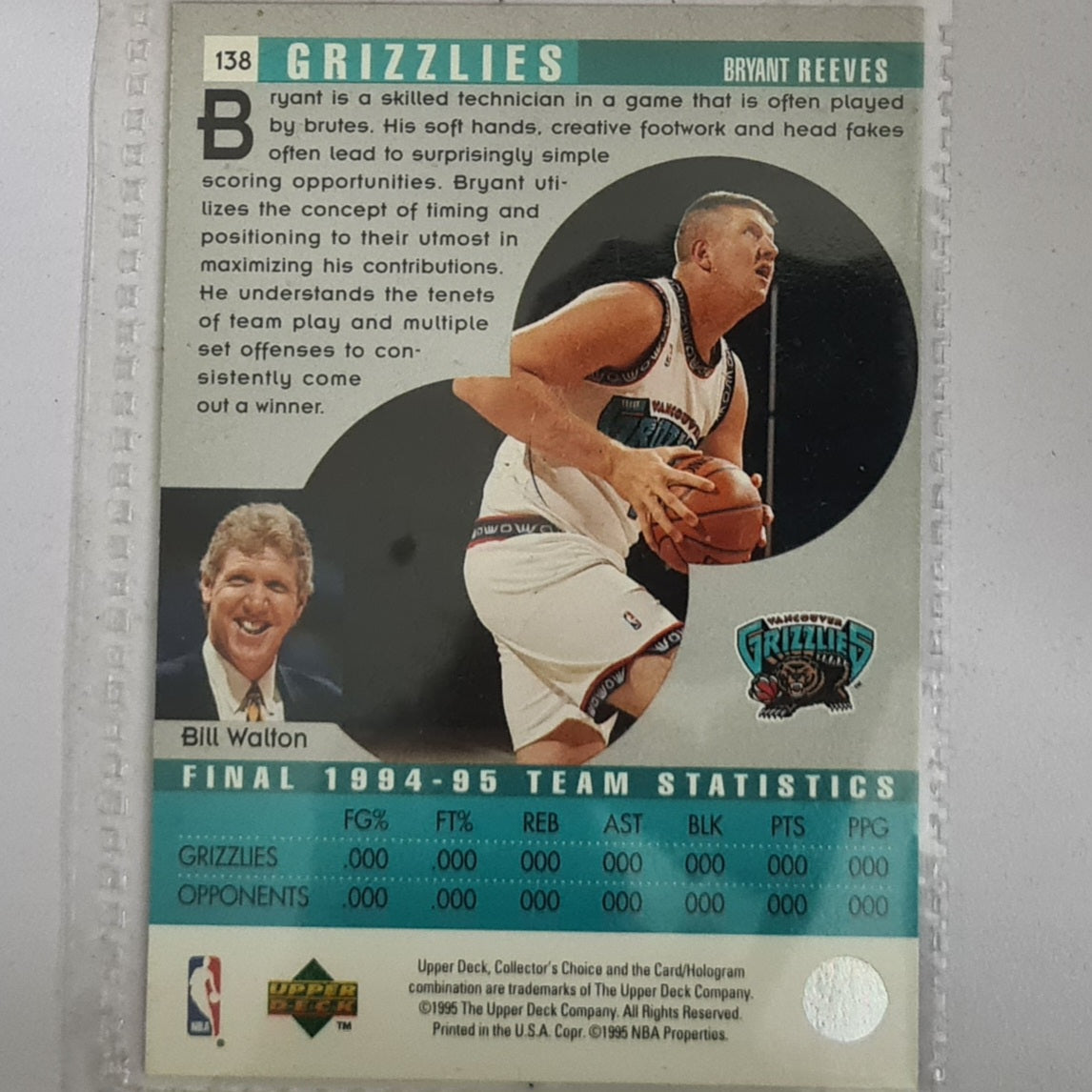 Bryant Reeves 1996 Upper-Deck Scouting report Rookie RC #138 NBA Basketball Vancouver Grizzlies Excellent