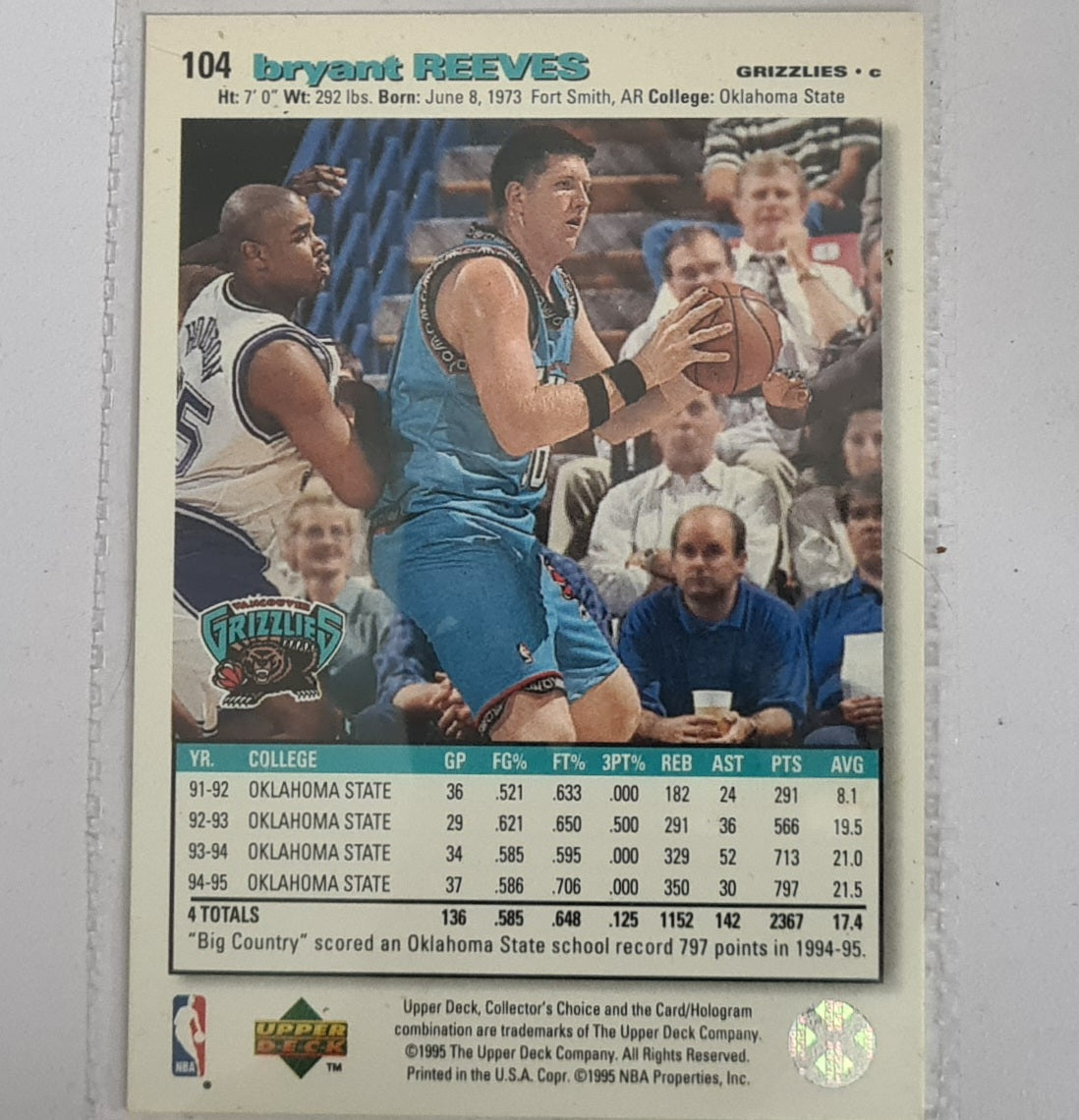 Bryant Reeves 1996 Upper-Deck collectors choice Rookie RC #104 NBA Basketball Vancouver Grizzlies Excellent
