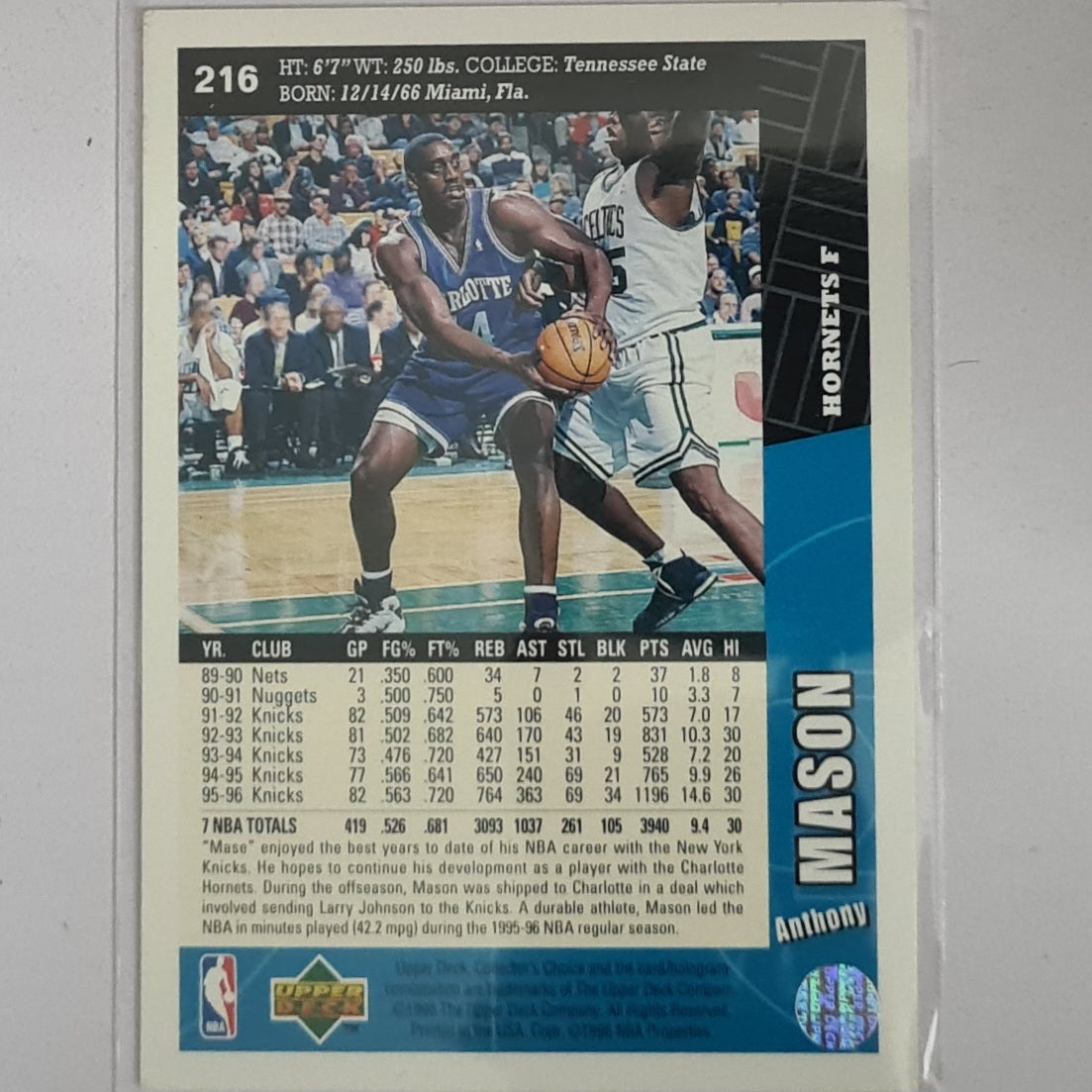 Anthony Mason 1996 Upper-Deck collectors choice #216 NBA Basketball Charlotte Hornets  Excellent