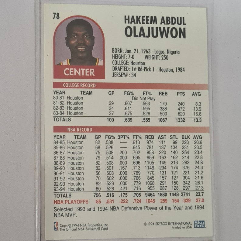 Hakeem Olajuwon 1994 Skybox NBA Hoops #78 NBA Basketball Houston Rockets Excellent