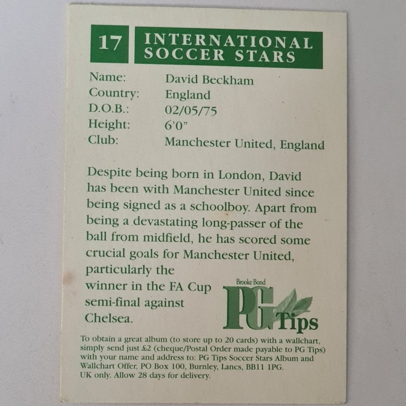 David Beckham 1998 World Cup PG Tips UK promotional card found in tea bag boxes #17 England
