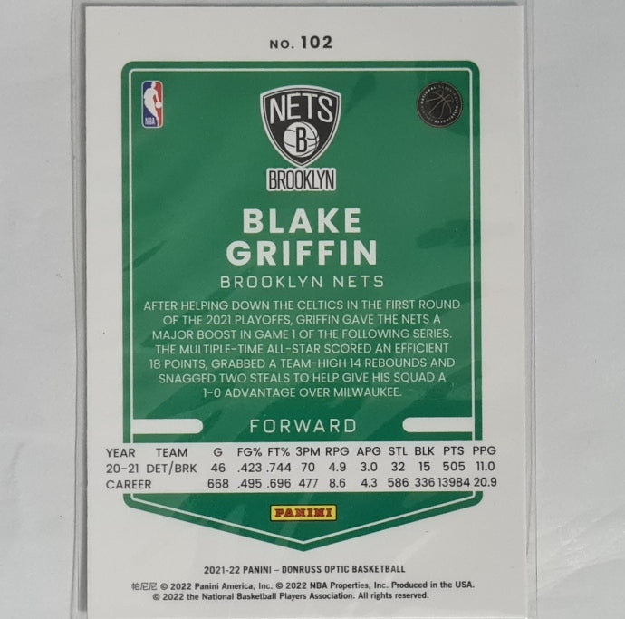 Blake Griffin 2021-22 Panini Donruss Optic #102 NBA Basketball Brooklyn Nets EX-Mint