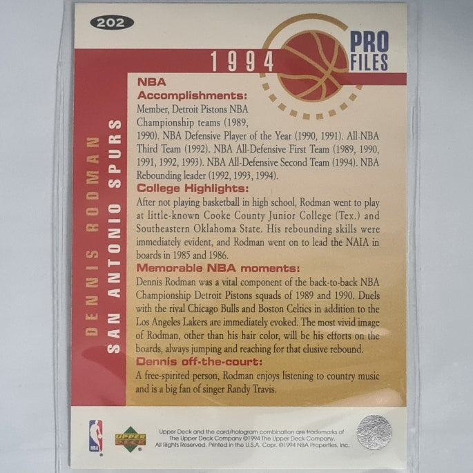 Dennis Rodman 1994 Upper-Deck pro files #202 NBA Basketball San Antonio Spurs Excellent