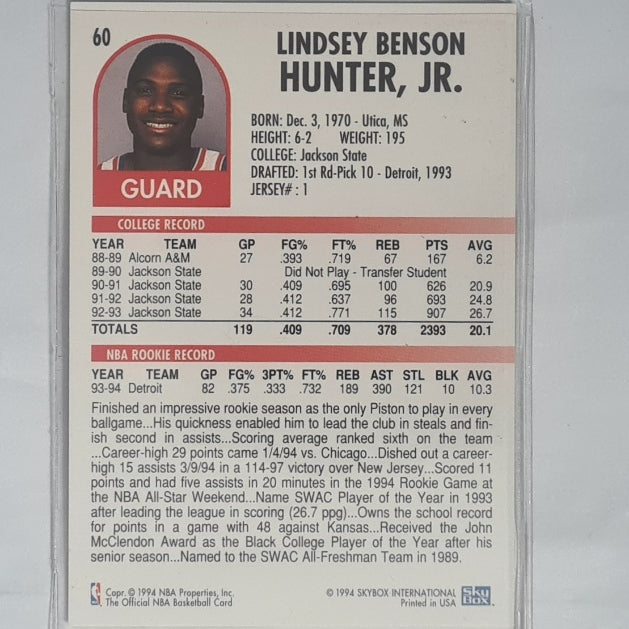 Lindsey Hunter 1994 Skybox NBA Hoops   #60 NBA Basketball Detroit Pistons Excellent