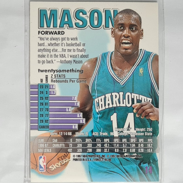 Anthony Mason 1997 Skybox Z-Force #14 NBA Basketball Charlotte Hornets Excellent sleeved