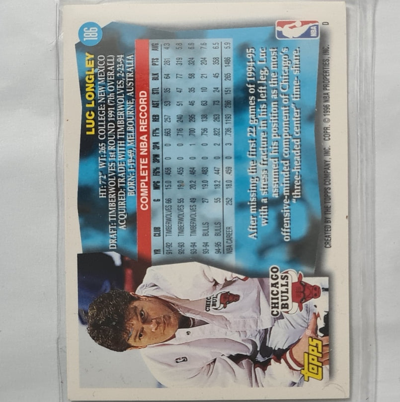 Luc Longley 1996 Topps #186 NBA Basketball Chicago Bulls good sleeved