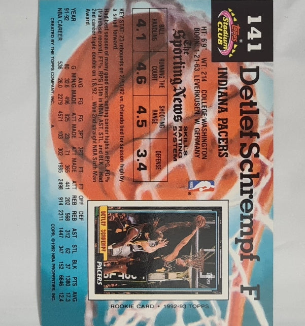 Detlef Schrempf 1992 Topps Stadium Club #141 NBA Basketball Indiana Pacers excellent Sleeved