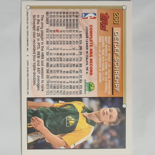 Detlef Schrempf 1994 Topps #268 NBA Basketball Seattle Supersonics excellent Sleeved