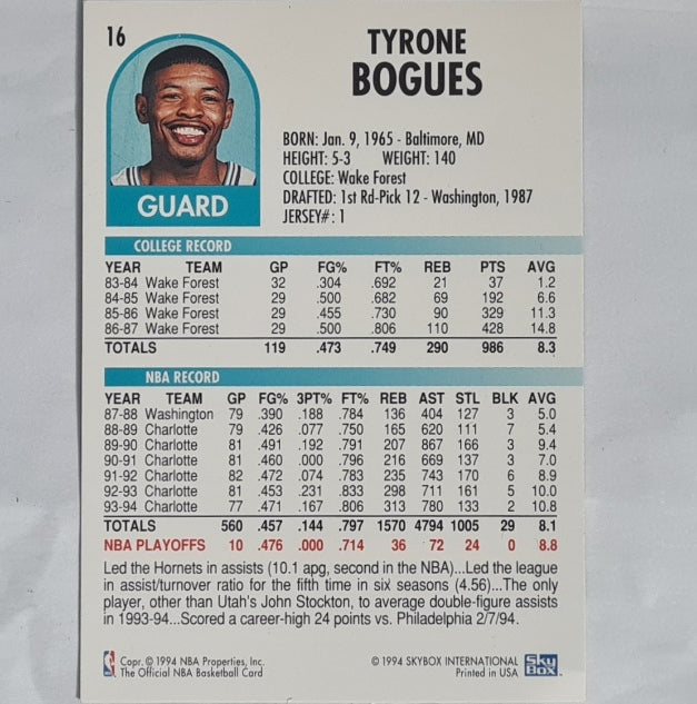 Muggsy Bogues 1994 Skybox NBA Hoops #16 NBA Basketball Charlotte Hornets very good Sleeved