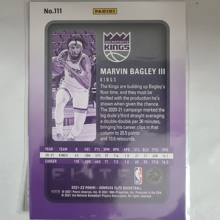 Marvin Bagley III 2021-22 Panini Donruss Elite #111 NBA Basketball Sacramento Kings Excellent Sleeved