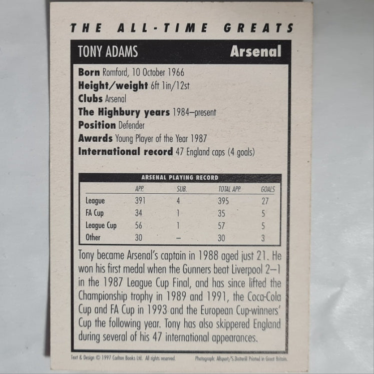 Tony Adams 1997 All time greats football card Arsenal very good soccer sleeved