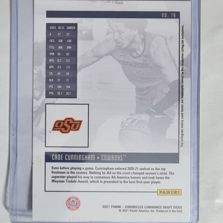 Cade Cunningham 2021 Panini Chronicles Luminance Draft picks Rookie RC #76 NBA Basketball  Oklahoma state Mint