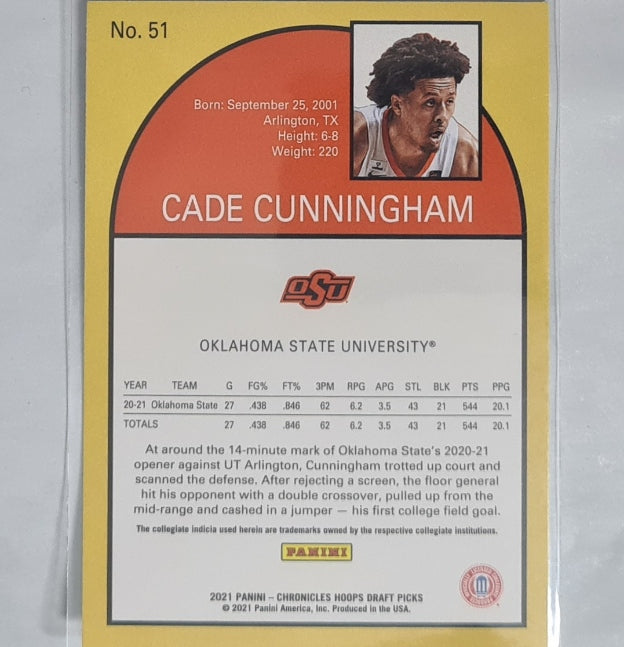 Cade Cunningham 2021 Panini Chronicles Hoops Draft picks Rookie RC #51 NBA Basketball Cowboys  Mint