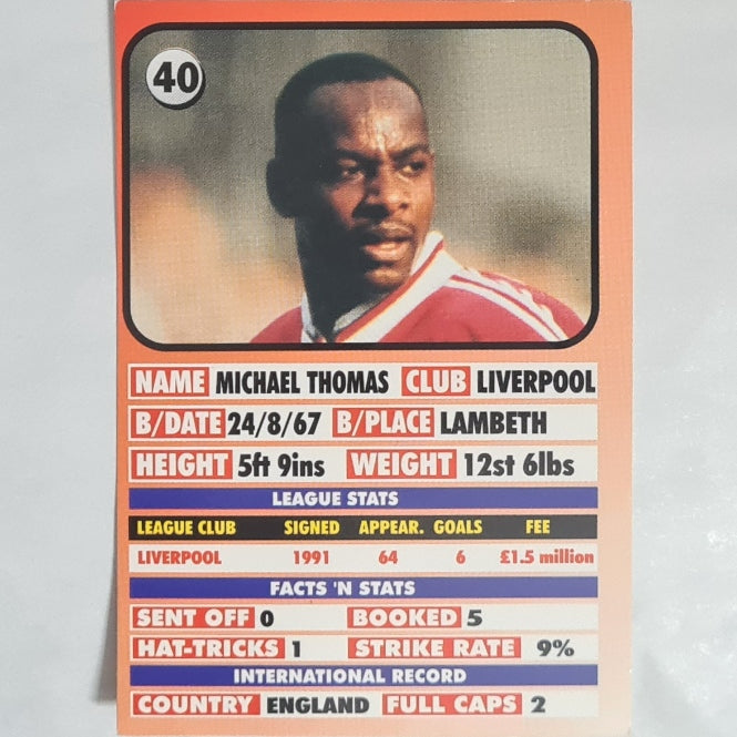 Michael Thomas 90s football promo card magazine issue ? #40 Soccer Liverpool very good +