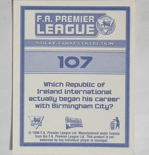 Steve Finnan 1996 Merlin FA Premier League Sticker  #107 Football Liverpool Excellent