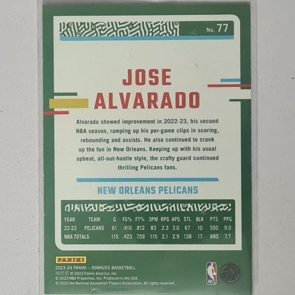 Jose Alvarado 2023-24 Panini Donruss silver laser 022/149 #77 NBA Basketball New Orleans Pelicans ex-mint sleeved