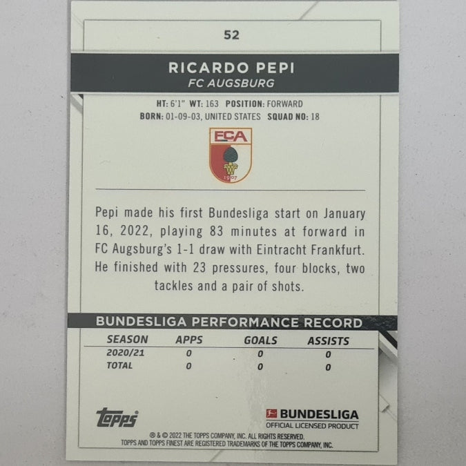 Ricardo Pepi 2022 Topps Finest Bundesliga #52 Soccer Football Augsburg EX-MINT