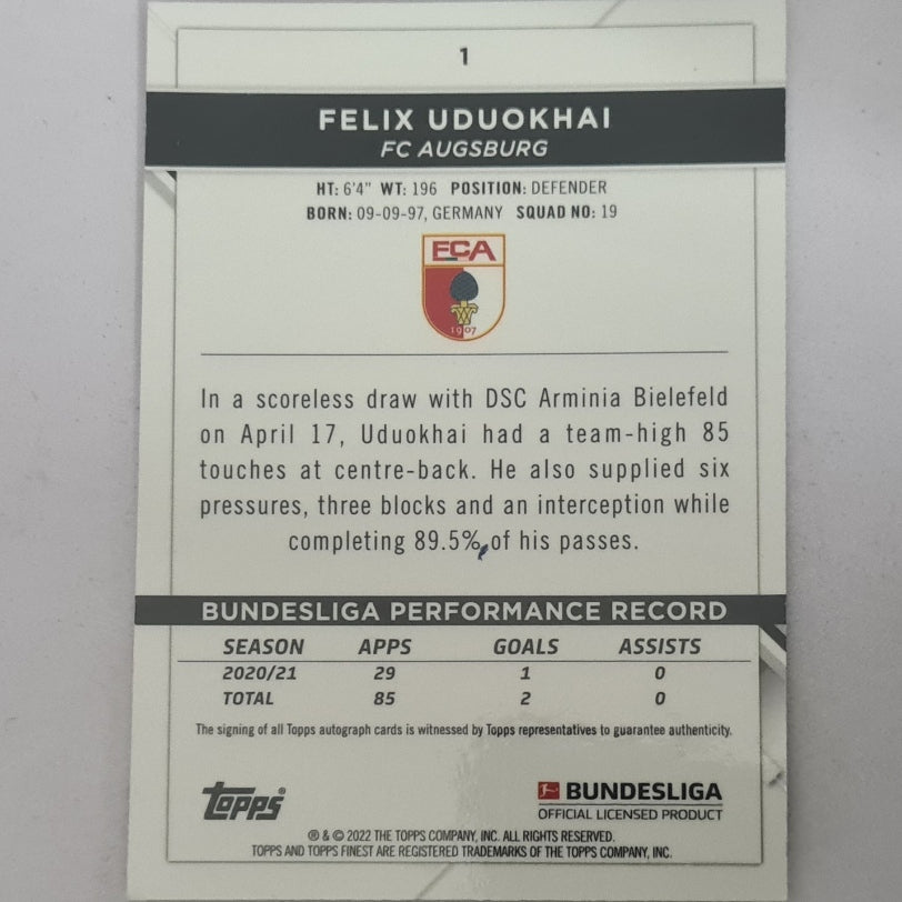 Felix Uduokhai 2022 Topps Finest Bundesliga refractor #1 Soccer Football Augsburg EX-MINT