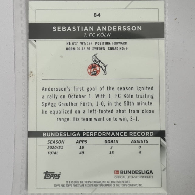 Sebastian Andersson 2022 Topps Finest Bundesliga soccer #84 Football FC Koln Excellent/mint sleeved
