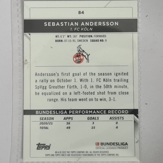 Sebastian Andersson 2022 Topps Finest Bundesliga soccer #84 Football FC Koln Excellent/mint sleeved