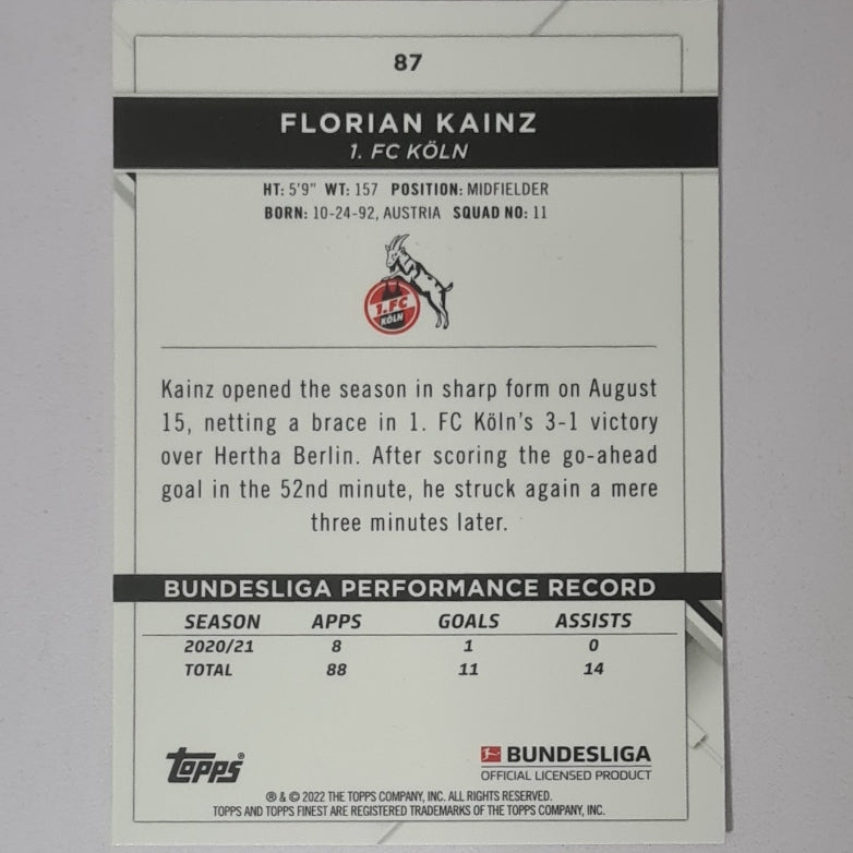 Florian Kainz 2022 Topps Finest Bundesliga soccer #87 Football FC Koln Excellent/mint sleeved