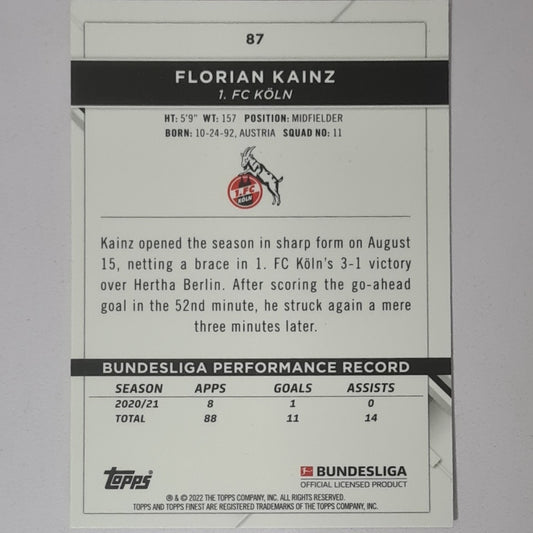 Florian Kainz 2022 Topps Finest Bundesliga soccer #87 Football FC Koln Excellent/mint sleeved