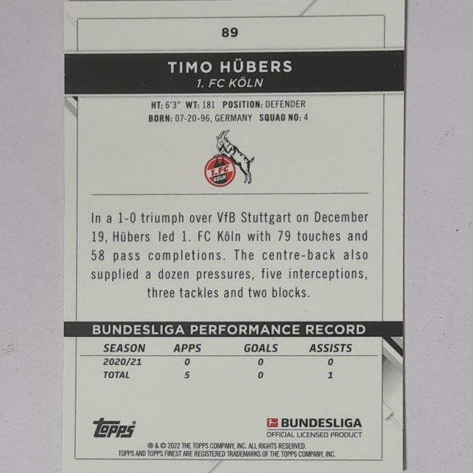 Timo Hubers 2022 Topps Finest Bundesliga soccer Rookie RC #89 Football FC Koln Excellent/mint sleeved