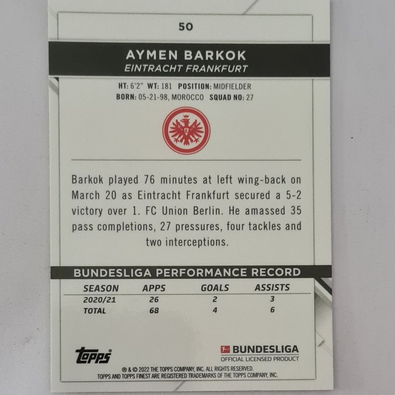 Aymen Barkok Topps Finest Bundesliga Soccer #50 Football Eintracht Frankfurt Excellent=mint