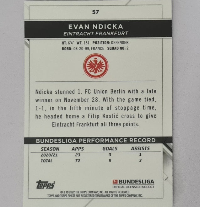 Evan Ndicka 2022 Topps Finest Bundesliga #57 Soccer Football Eintracht Frankfurt mint sleeved