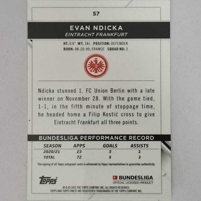 Evan Ndicka 2022 Topps Finest Bundesliga refractor #57 Soccer Football Eintracht Frankfurt mint sleeved
