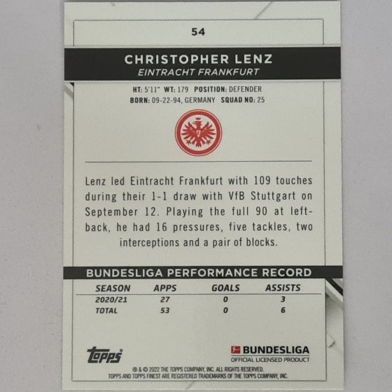 Christopher Lenz 2022 Topps Finest Bundesliga refractor #54 Soccer Football Eintracht Frankfurt mint sleeved