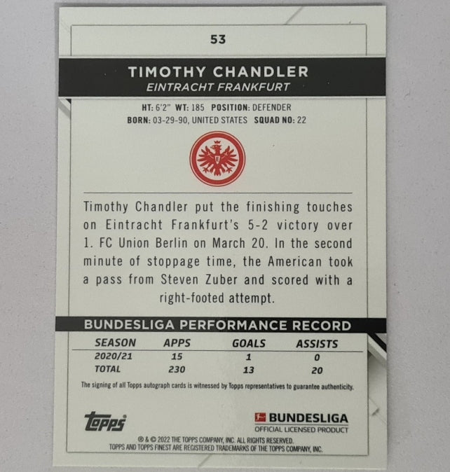 Timothy Chandler 2022 Topps Finest Bundesliga refractor  #53 Soccer Football Eintracht Frankfurt mint sleeved