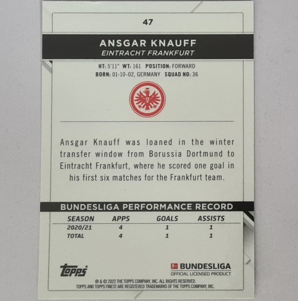 Ansgar Knauff 2022 Topps Finest Bundesliga refractor #47 Soccer Football Eintracht Frankfurt mint sleeved