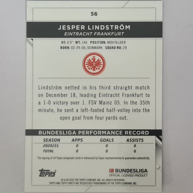 Jesper Lindstrom 2022 Topps Finest Bundesliga refractor Rookie RC  #56 Soccer Football Eintracht Frankfurt mint sleeved