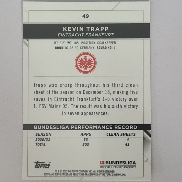 Kevin Trapp 2022 Topps Finest Bundesliga #49 Soccer Football Eintracht Frankfurt mint sleeved