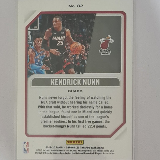 Kendrick Nunn 2019-20 Panini Threads rookie RC #82 NBA Basketball Miami Heat excellent/mint Sleeved