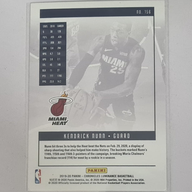 Kendrick Nunn 2019-20 Panini Luminance rookie RC #156 NBA Basketball Miami Heat excellent/mint Sleeved