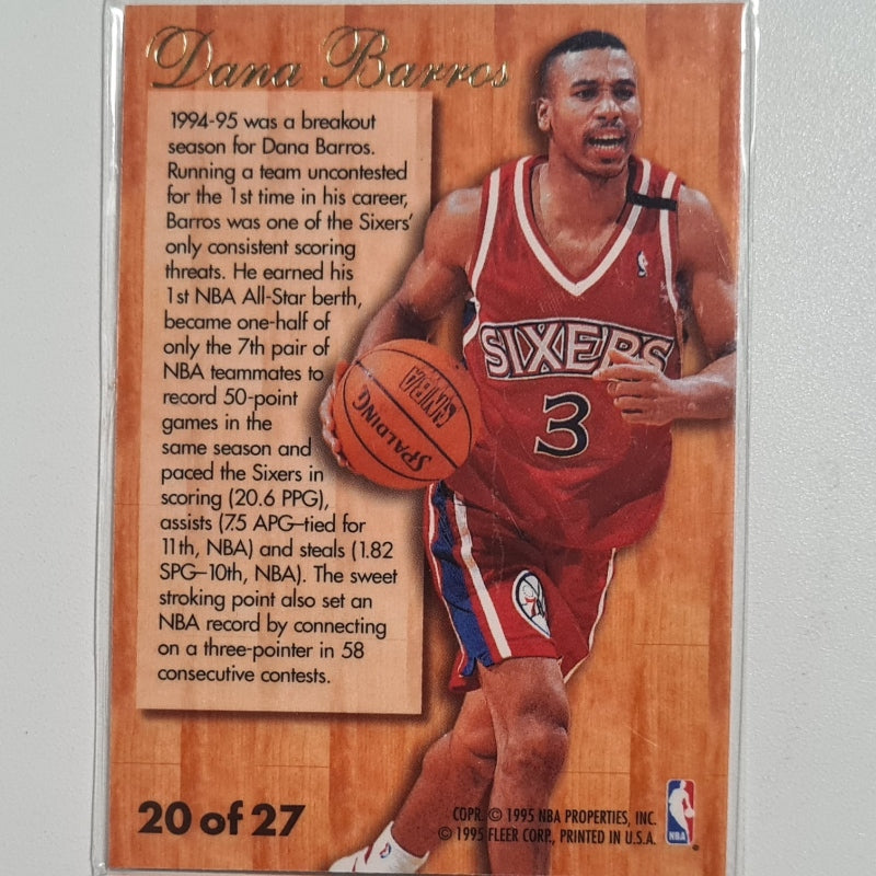 Dana Barros 1995 Fleer Flair hardwood leader 20 of 27 NBA Basketball Philadelphia 76ers excellent-mint