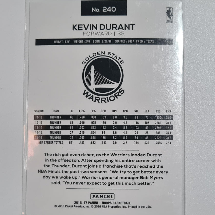 Kevin Durant 2016-17 Panini NBA Hoops #240 NBA Basketball Golden state warriors excellent