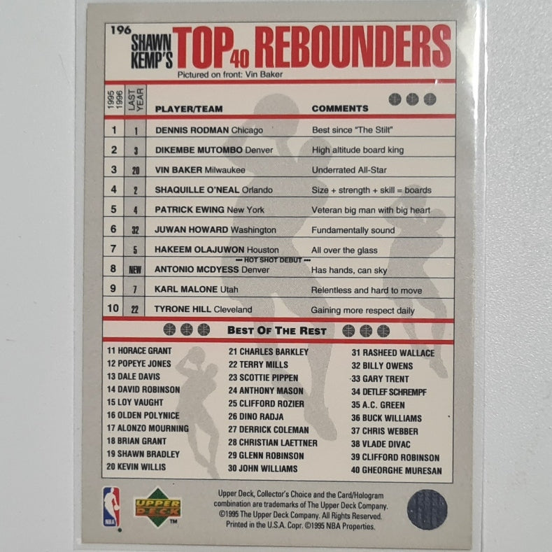 Vin Baker 1995 Upper Deck top 40 rebounders #196 NBA Basketball Milwaukee Bucks excellent Sleeved