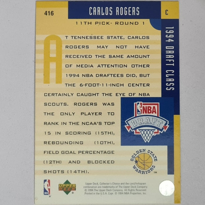 Carlos Rogers 1994 Upper-Deck draft class printed auto Rookie RC #416 NBA Basketball Golden State Warriors Excellent